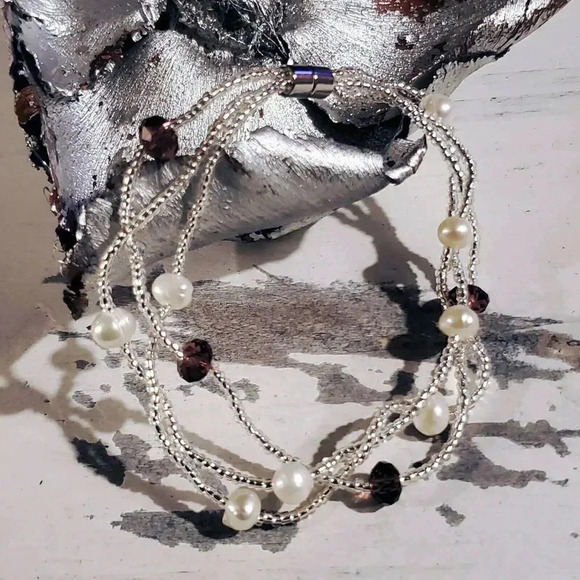 Hand Crafted Freshwater Pearl Austrian Crystal White Purple Twist Bracelet - Picture 5 of 8